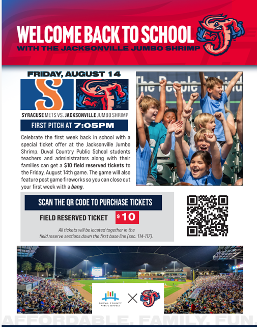 An advertisement for a Jacksonville Jumbo Shrimp baseball game. Children in blue cheer. Text reads: Welcome Back to School.