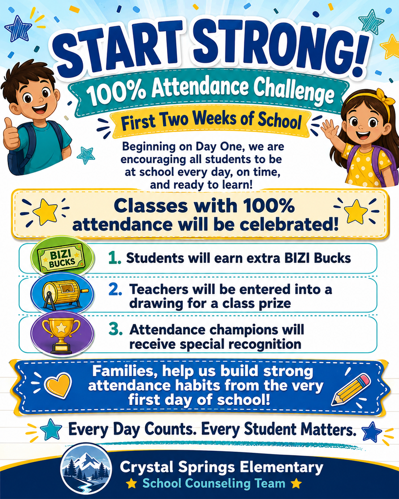 Poster for Start Strong Attendance Challenge. Features boy and girl. Includes list of rewards for full attendance.