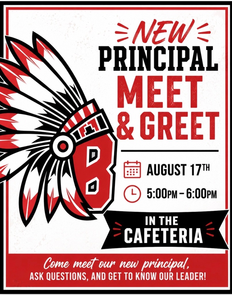 Poster with red and white colors, text "New Principal Meet & Greet", date "August 17th", time "5:00 PM - 6:00 PM", location "in the cafeteria".