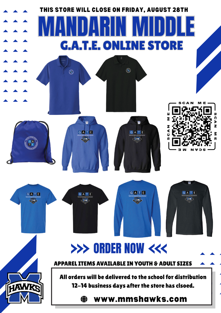 Advertisement for Mandarin Middle G.A.T.E. Online Store. It shows various clothing items, including a blue backpack, blue and black hoodies, and blue and black T-shirts.