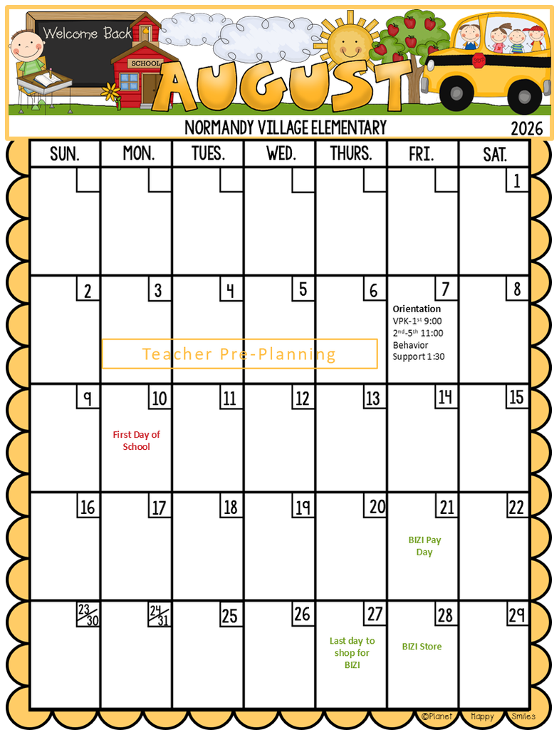 A school calendar for Normandy Village Elementary. The month of August has several days highlighted and labeled.