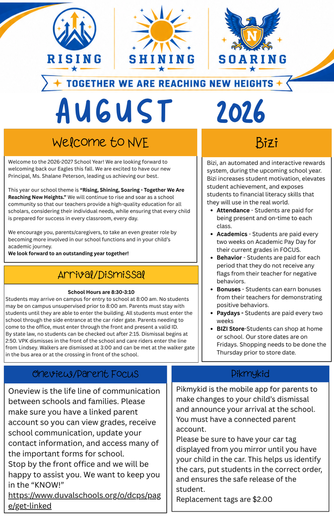 Bright orange and blue flyer titled "Rising Shining Soaring" with a sun and bird. Sections include "August 2026", "Arrival/Dismissal", "Overview/Parent Focus", and "Payroll/Payday".