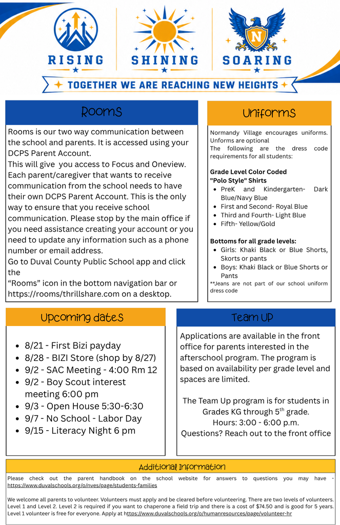 A flyer with an orange and blue color scheme, showcasing information about a school. It includes sections on rooms, uniforms, upcoming dates, and team up.
