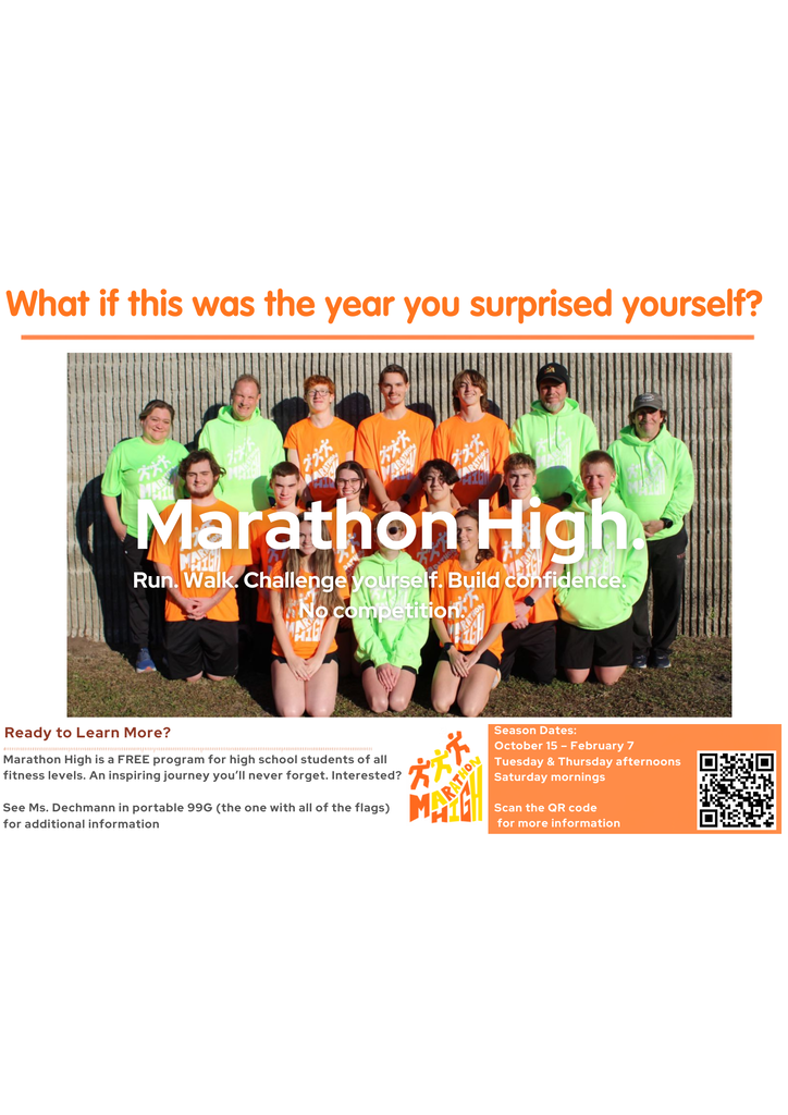 A group of young individuals in green shirts and black pants pose for a photo. Text reads "Marathon High. Run. Walk. Challenge yourself. Build confidence."