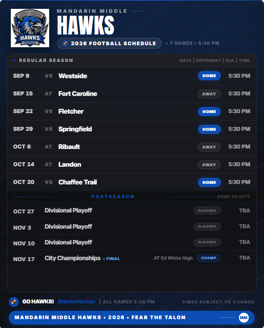 Football schedule for Mandarin Middle Hawks. Home and away games are listed with dates and times. Includes regular season and postseason.