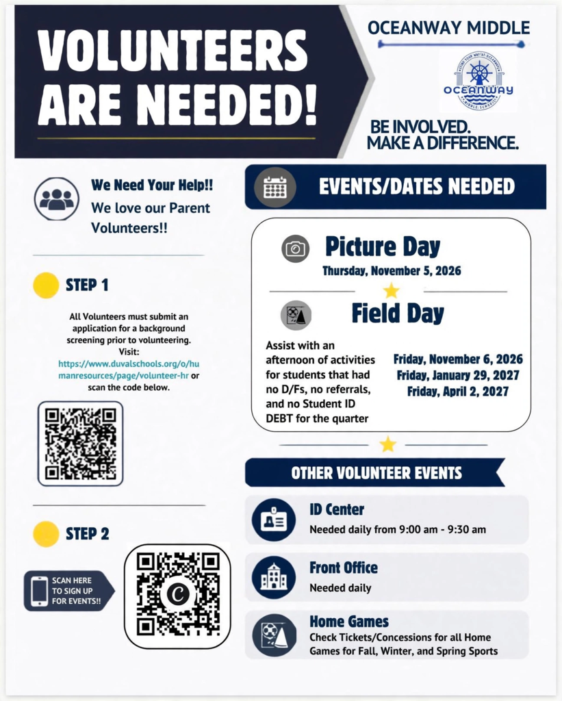 Volunteers Are Needed flyer for Oceanway Middle Buccaneers listing volunteer opportunities including Picture Day on November 5, 2026, Field Days, ID Center, Front Office, and Home Games with QR codes for background screening and sign-up.
