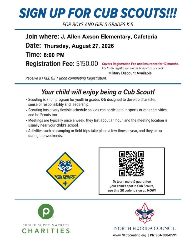 Registration flyer for Cub Scouts event. Details include date, time, location, and fee. Mentions flexible schedule and weekend activities.