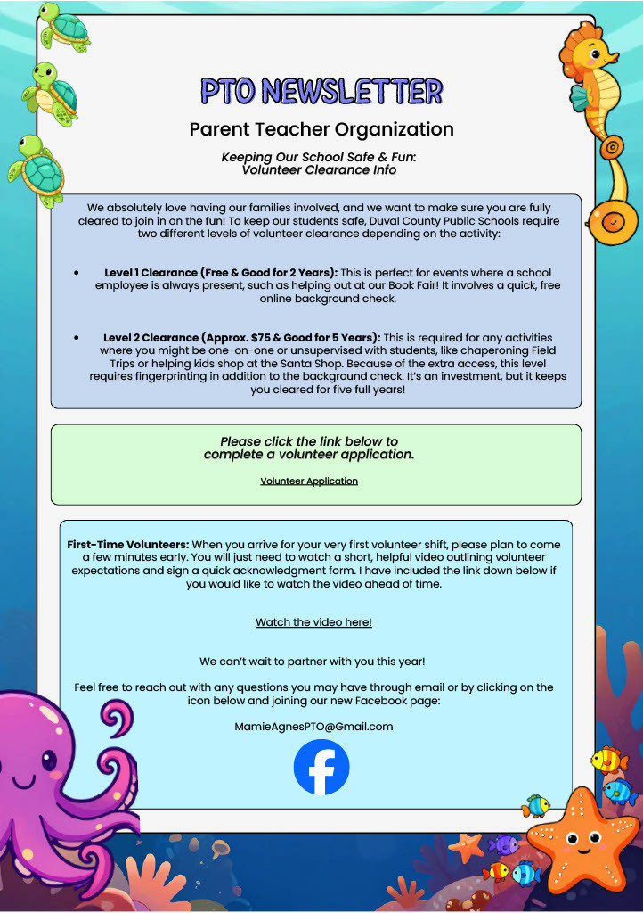 Newsletter from PTO with an underwater theme. Information about volunteer clearance levels. Links to Facebook page.