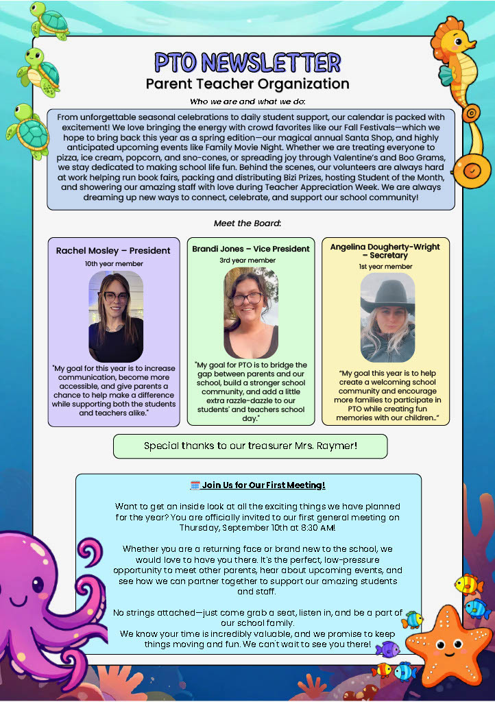 A colorful newsletter with headers "PTO Teacher Organization" and "Meet the Board". Three women are pictured with names and roles.