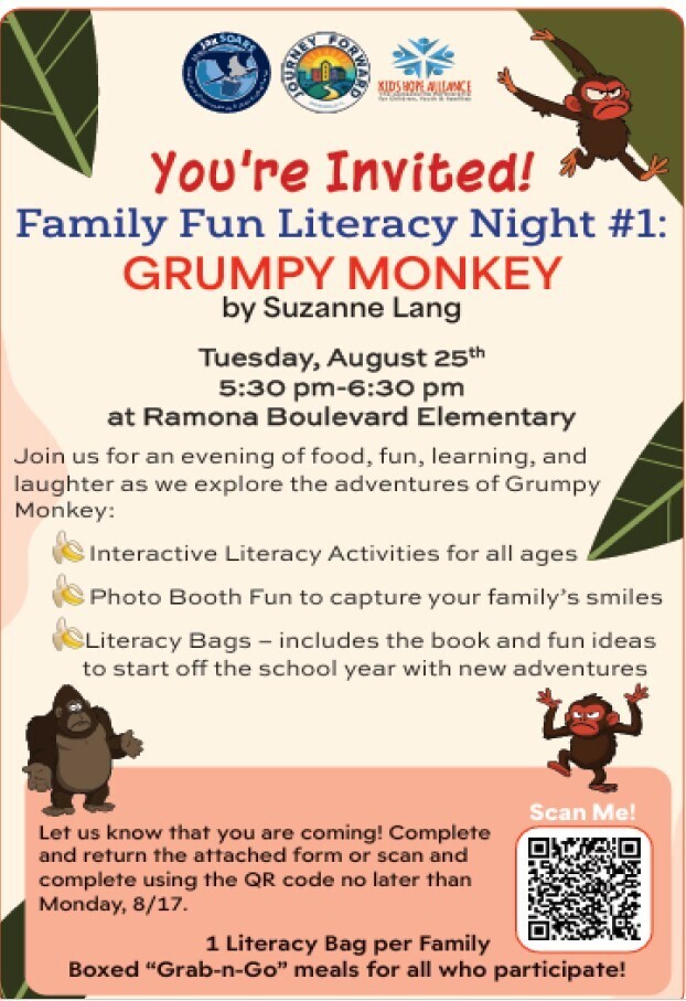 Poster with green and brown backgrounds. It says "You're Invited! Family Fun Literacy Night #1: GRUMPY MONKEY by Suzanne Lang" and more details.