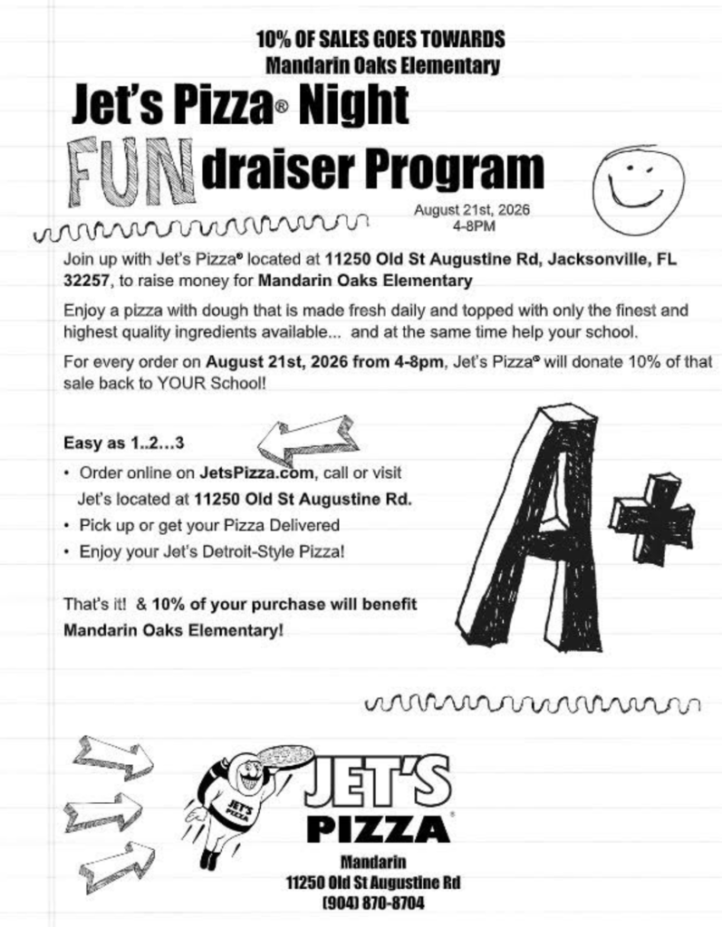 Flyer with bold text. Event details for Jet's Pizza Night. Information on how to participate.
