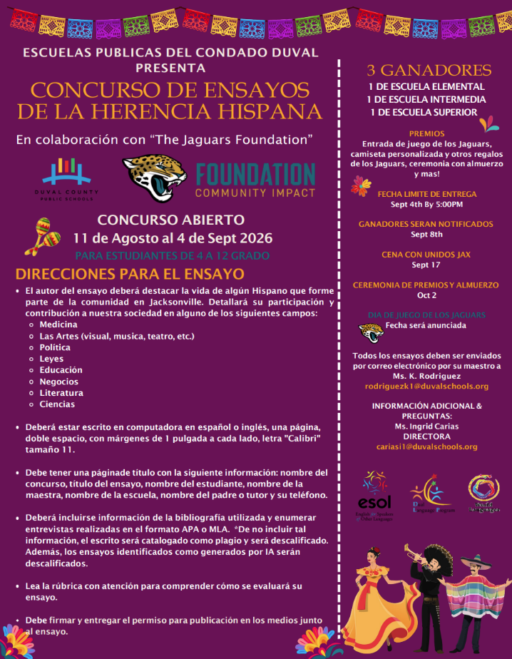 A colorful flyer for the "Concurso De Ensayos De La Herencia Hispana" event from August 11 to 4, 2026. It features instructions, eligibility, and guidelines.