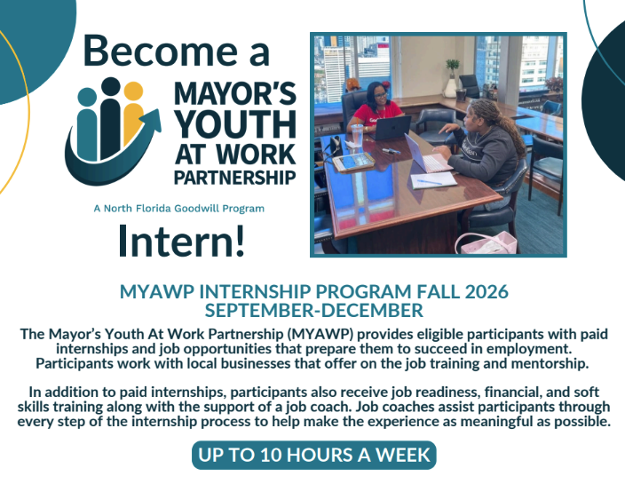 An ad for the MYAWP Internship Program Fall 2026 from September to December. It features a person working on a laptop.