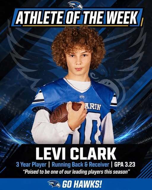 Poster highlights Levi Clark, a football player with curly hair wearing a blue uniform. The text reads, "Athlete of the Week."