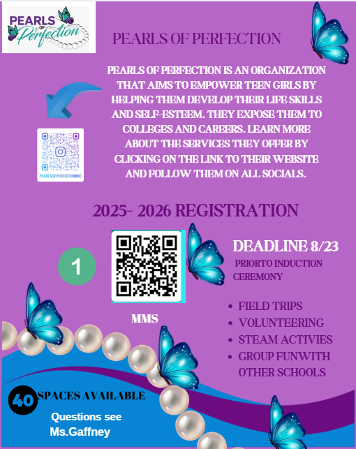Purple flyer with a butterfly design for Pearls of Perfection. It has a QR code, a deadline date, and an email for questions.