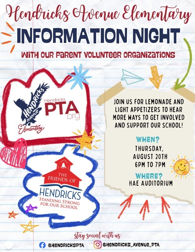 Information Night flyer for Hendricks Avenue Elementary. It includes details about parent volunteer organizations, with the date as August 20th, from 6pm to 7pm, at HAE auditorium.