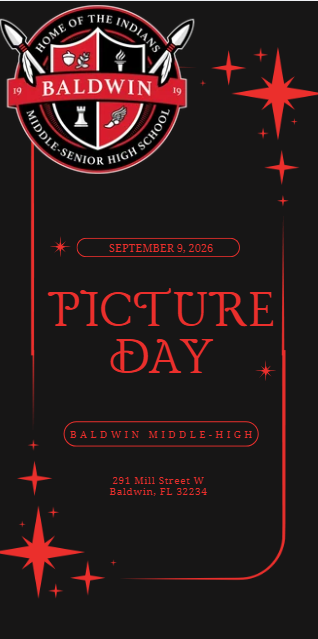 A black background with red stars, a logo, and text for Baldwin Middle-Senior High School Picture Day on September 9, 2026.