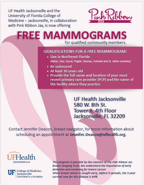 Flyer with pink breast cancer awareness ribbon watermark and words
