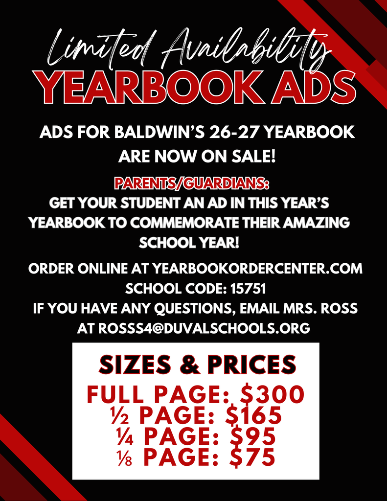 Advertisement for ads in Baldwin's 26-27 yearbook. Offers sizes and prices. Order online at yearbookordercenter.com.