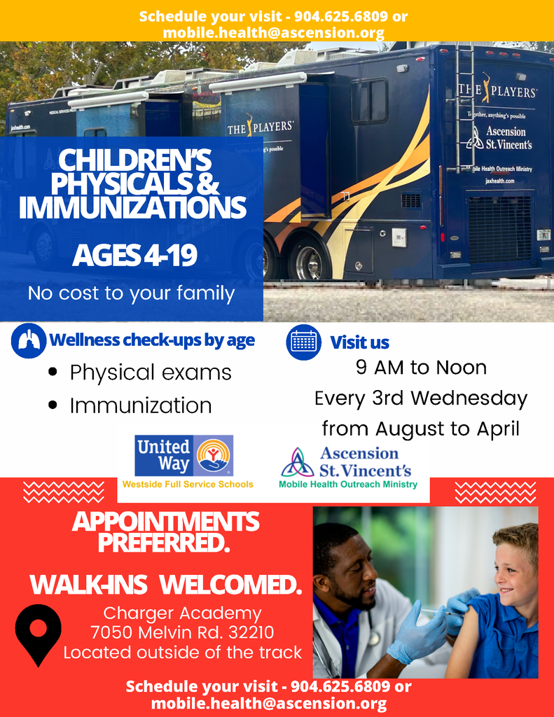 Flyer shows bus with "Children's Physicals & Immunizations Ages 4-19" on side. Text: "Every 3rd Wednesday from August to April."