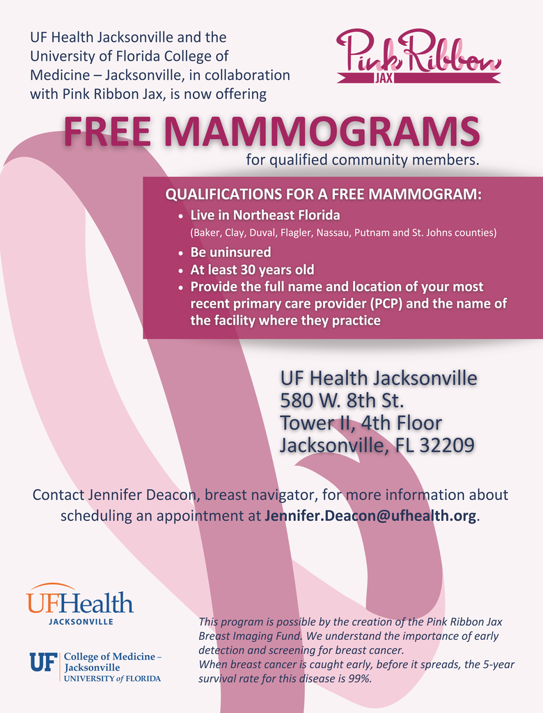 An advertisement for free mammograms for qualified community members in Northeast Florida. It includes location, contact information, and eligibility criteria.