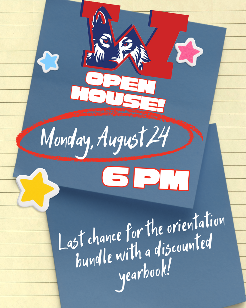 Two blue cards feature an event announcement. The top card has the words "NW Open House!" with a wolf logo. The bottom card has text about the event date and time.