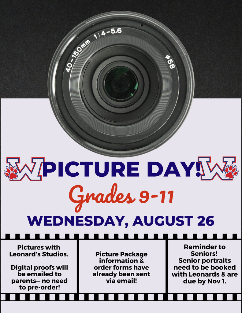 Poster shows a camera lens. Text reads "Picture Day!" "Grades 9-11 WEDNESDAY, AUGUST 26". Details include digital proofs, picture package order forms, and senior portrait bookings.
