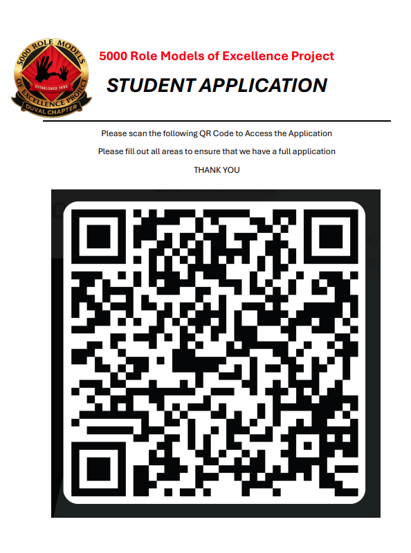 A document with a header reading "5000 Role Models of Excellence Project STUDENT APPLICATION" includes a QR code. Below it is a text asking to scan the QR code for access and to fill out all areas for a full application.
