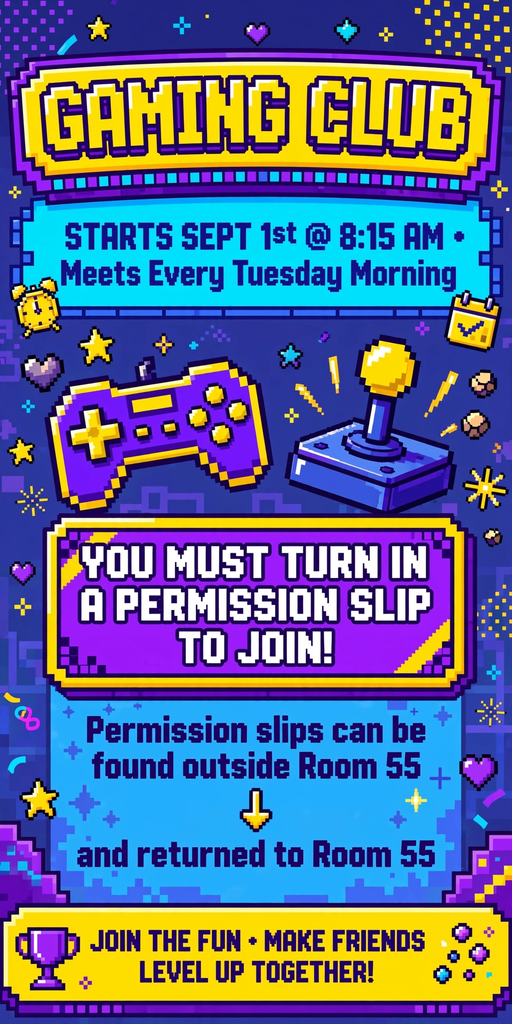 Digital flyer with a blue and purple background. It reads "Gaming Club" with a controller graphic. A note says it starts on September 1st.