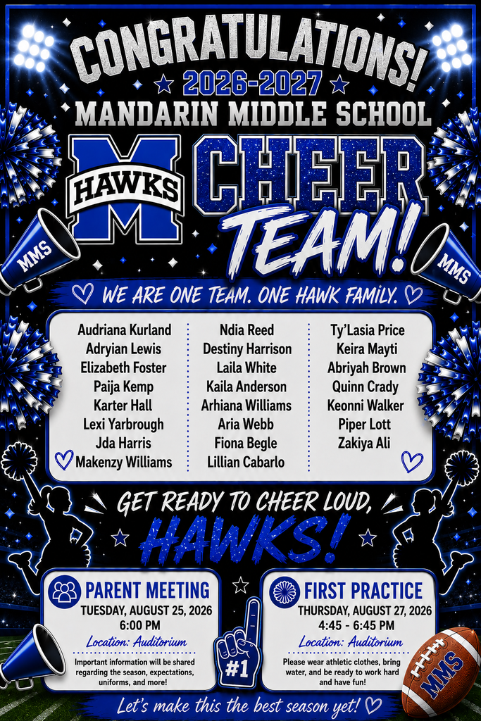 Blue background with white text. Team logo at the top. Team roster below. Schedule for parent meeting and first practice.