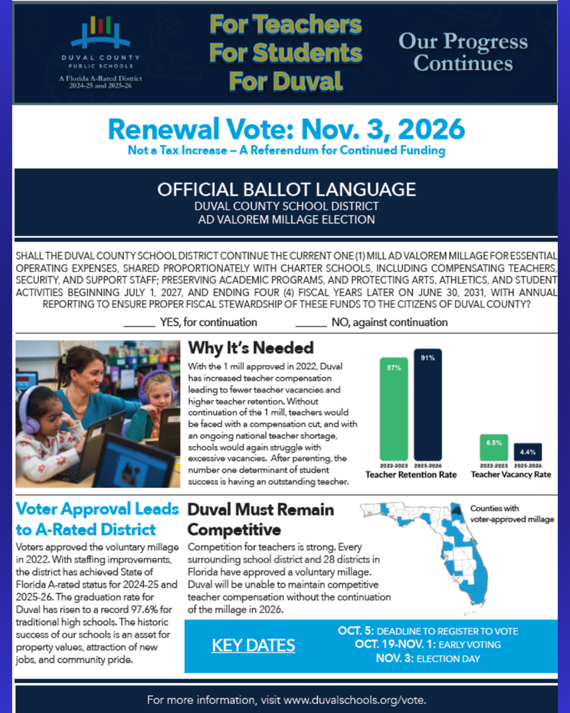 An informational flyer about a 2026 Duval County School District renewal vote. Text discusses the importance of continued funding.