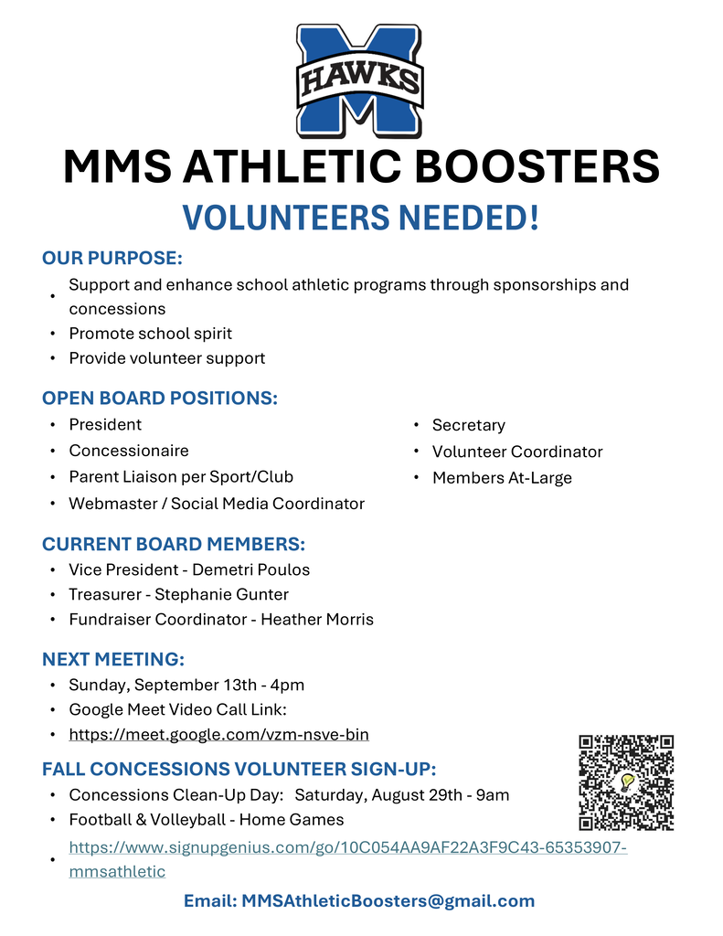 An announcement for MMS Athletic Boosters is shown, seeking volunteers. It lists open board positions, current board members, and upcoming events.