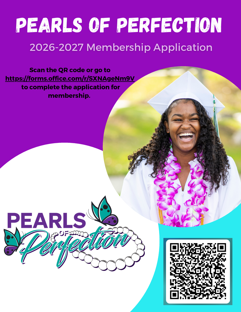 A flyer with a smiling woman in a graduation gown. Text reads "Pearls of Perfection 2026-2027 Membership Application." QR code and website link below.
