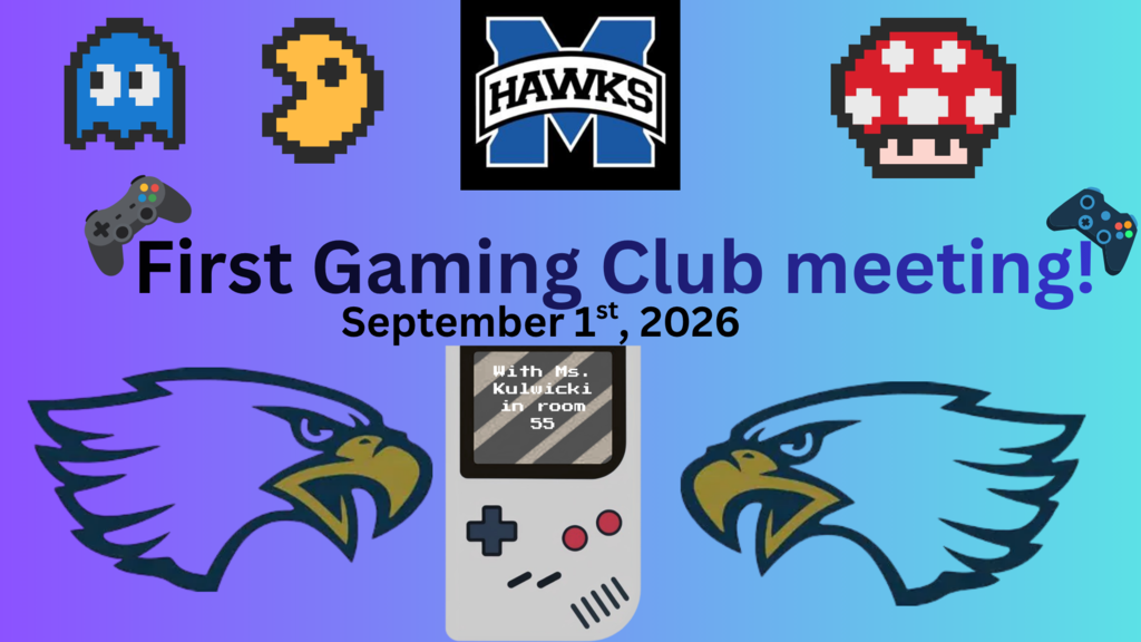 A blue background displays a gaming club announcement. It includes icons of a game controller, Mario, and Pac-Man, an eagle logo, and a Gameboy.