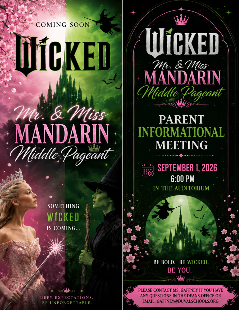 Two posters for a Wicked Mr. & Miss Mandarin Middle Pageant. One poster features a woman in a pink gown and a castle in the background.