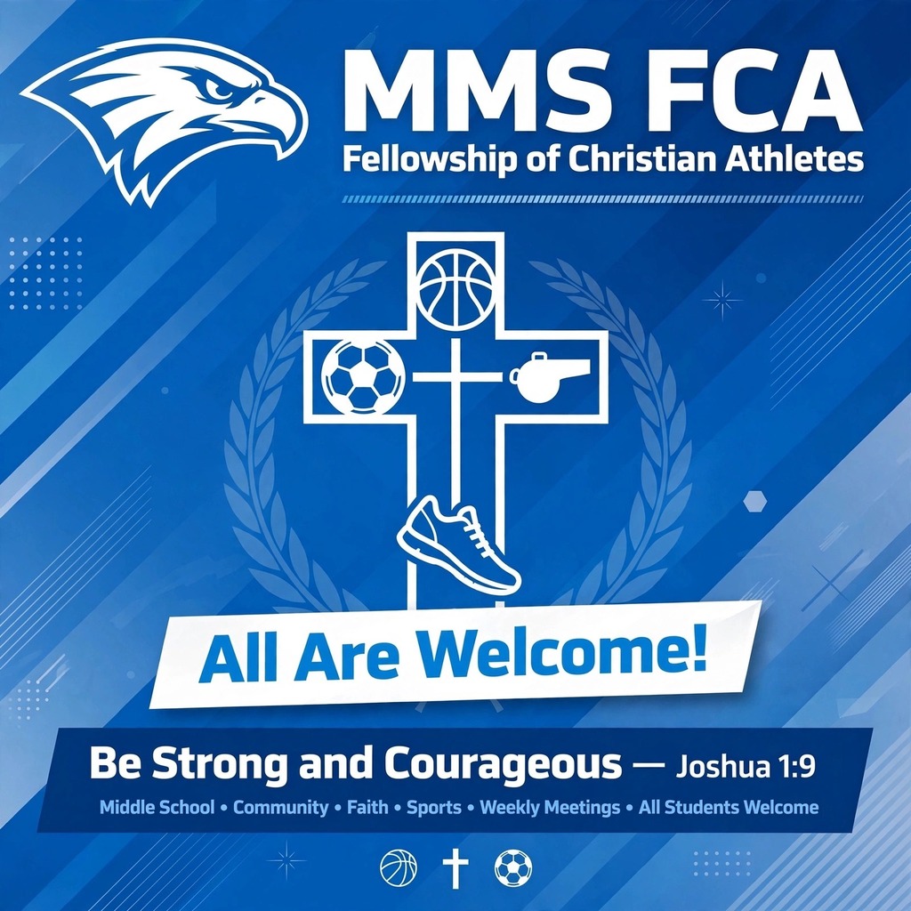 Blue background features the MFS FCA logo with a cross, soccer ball, and sneaker. Text reads, "All Are Welcome!"