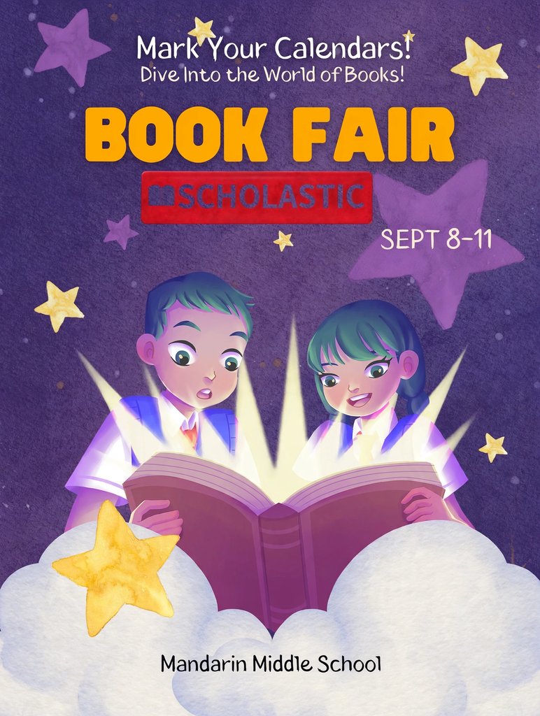 Children hold a book with stars and clouds in the background. Text reads "Book Fair Scholastic Sept 8-11 Mandarin Middle School."