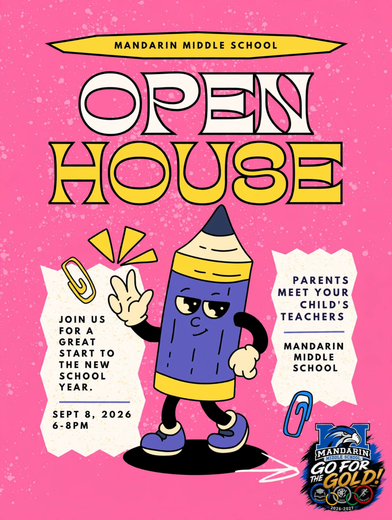 Poster with a blue pencil character on a pink background. Text reads "Open House" and "Join us for a great start to the new school year."