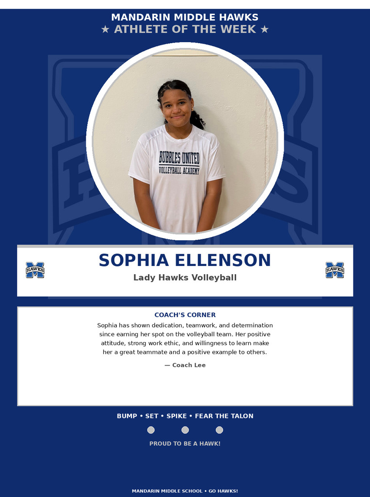 A sports-related graphic displays a photo of a girl in a white shirt with text reading "Sophia Ellenson, Lady Hawks Volleyball" and "Mandarin Middle Hawks Athlete of the Week."