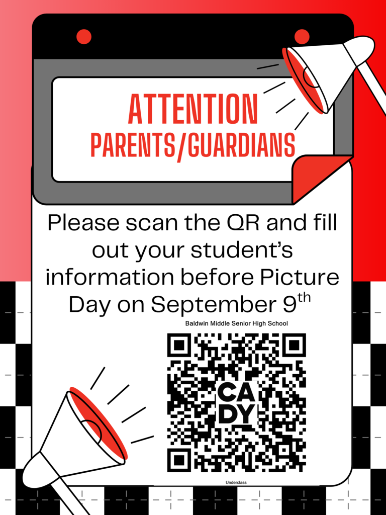 Digital screen with text and QR code. Text reads "Attention Parents/Guardians. Please scan the QR code and fill out your student’s information before Picture Day on September 9th."