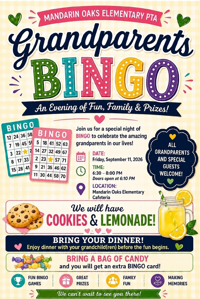 A poster announces the Grandparents Bingo event with colorful text, a cookie and lemonade image, and a table listing event details.
