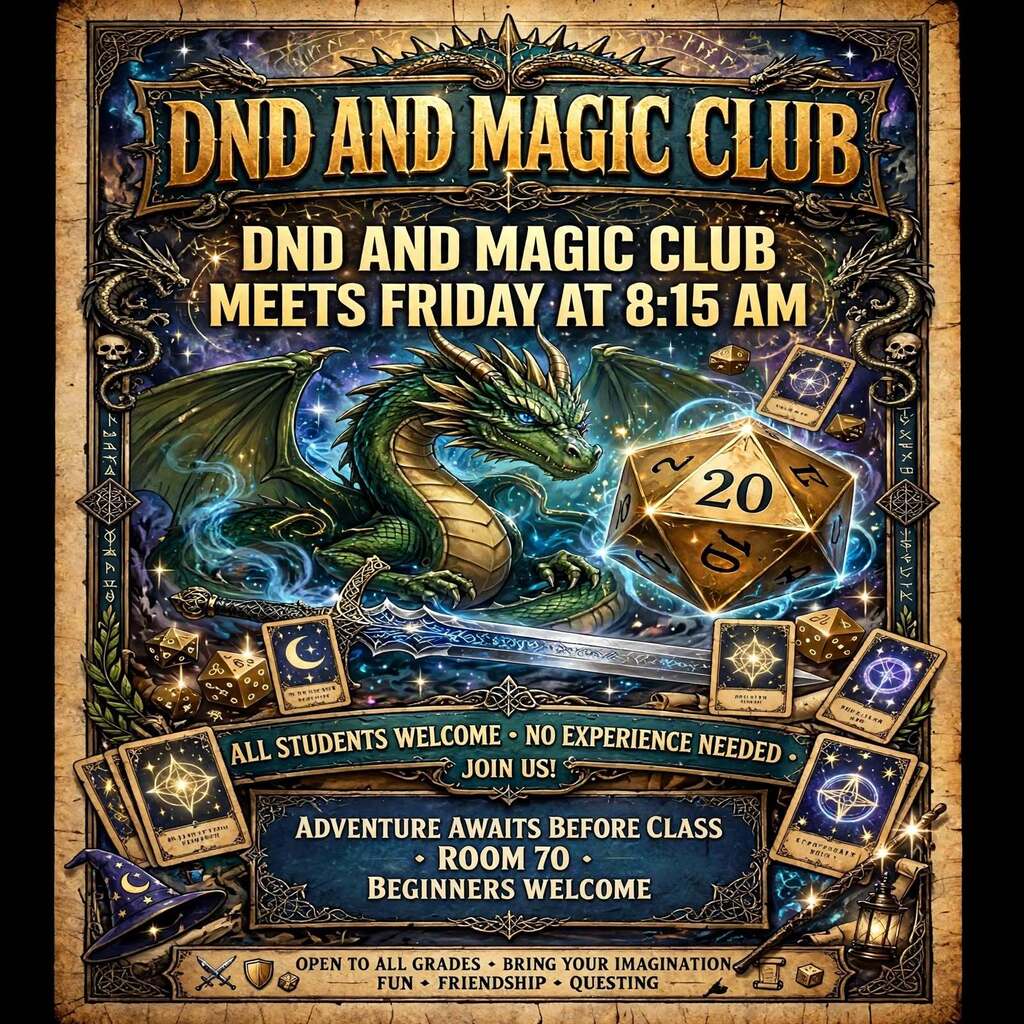A poster with a dragon, dice, and cards advertises a DND and Magic Club meeting on Friday at 8:15 AM.