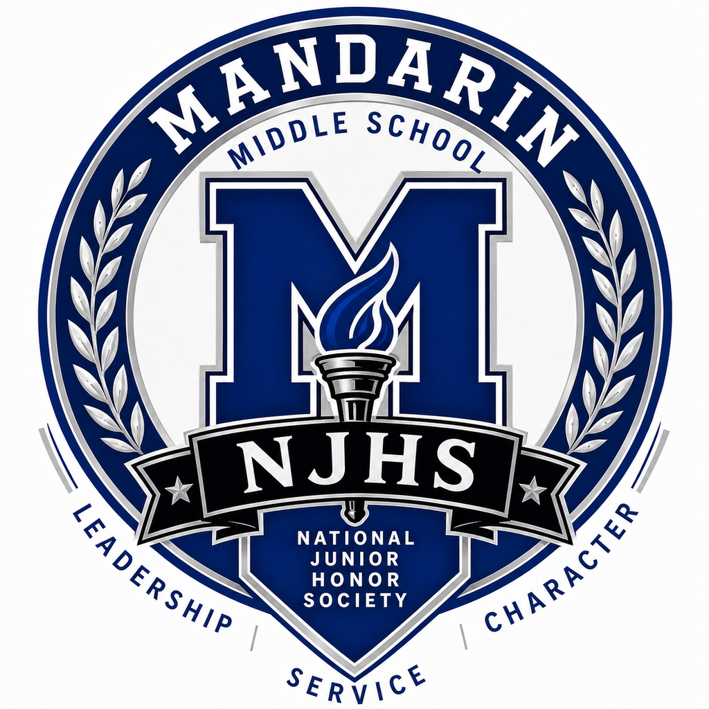 A circular logo with "MANDARIN MIDDLE SCHOOL" and "NJHS" in blue on a white background. A flame torch in the center.