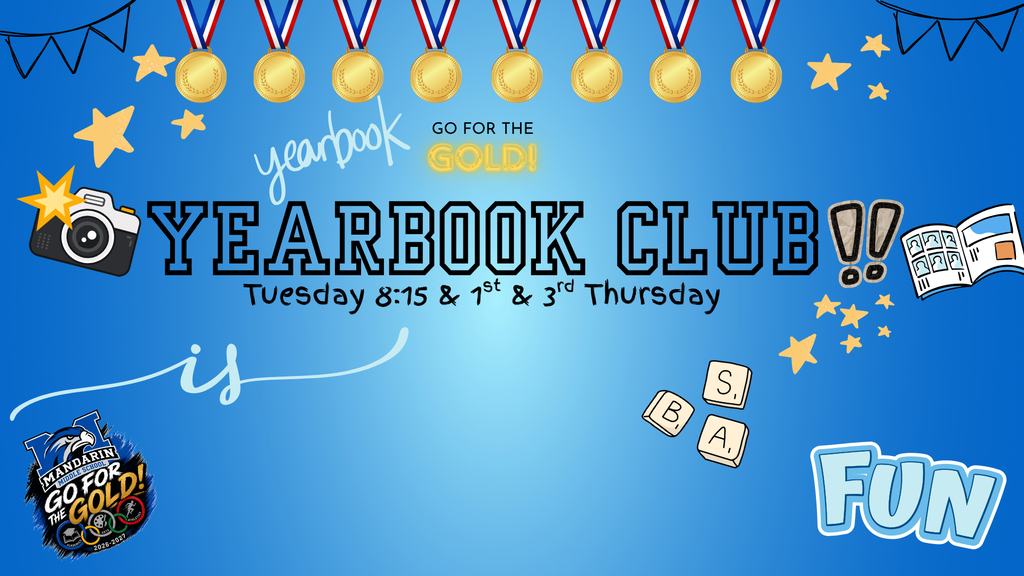 A blue background with "Yearbook Club" and icons like medals, stars, and a camera. It's for a Tuesday event.