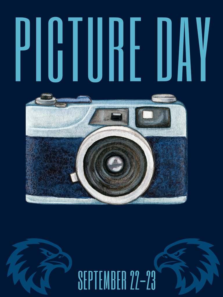 A blue background displays a stylized camera in the center. "Picture Day" is written above the camera in white. Below, "September 22-23" is written in white.