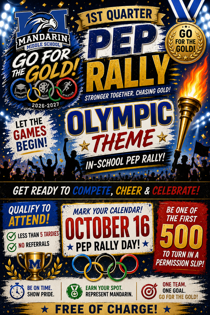 Pep rally poster shows gold medal, torch, and flames. Event reads "Olympic Theme" and "1st Quarter". Bottom text reads "Free of Charge".