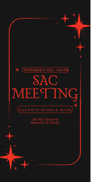 Black background with a red border. The title reads "SAC Meeting" with the date September 8, 2026 and time 3:00 PM.