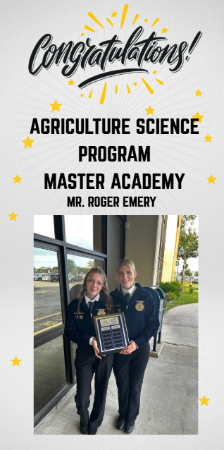 An award presentation featuring two students holding a plaque with text overlay reading "Congratulations! Agriculture Science Program Master Academy Mr. Roger Emery."