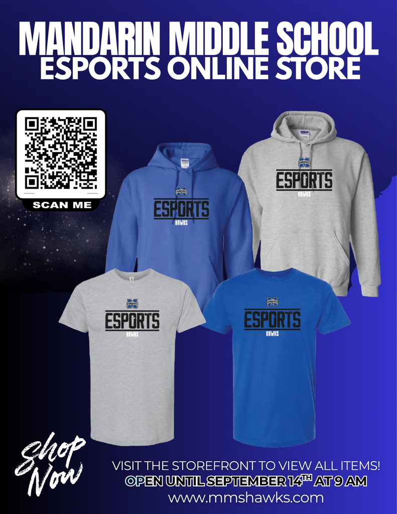 Four Esports-themed items are displayed on a blue background. These include hoodies and T-shirts in blue, gray, and white.