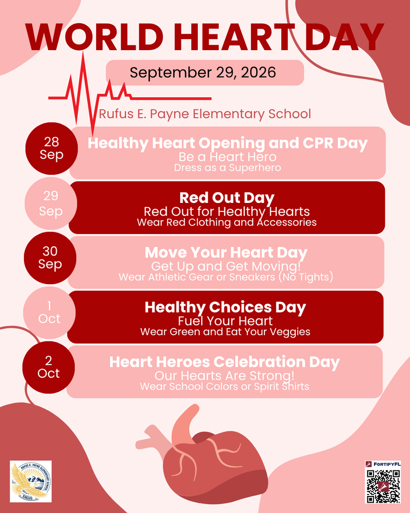 Flyer with heart visuals and text highlights the week of activities for World Heart Day, including CPR day, superhero dress-up, and heart-themed outfits.